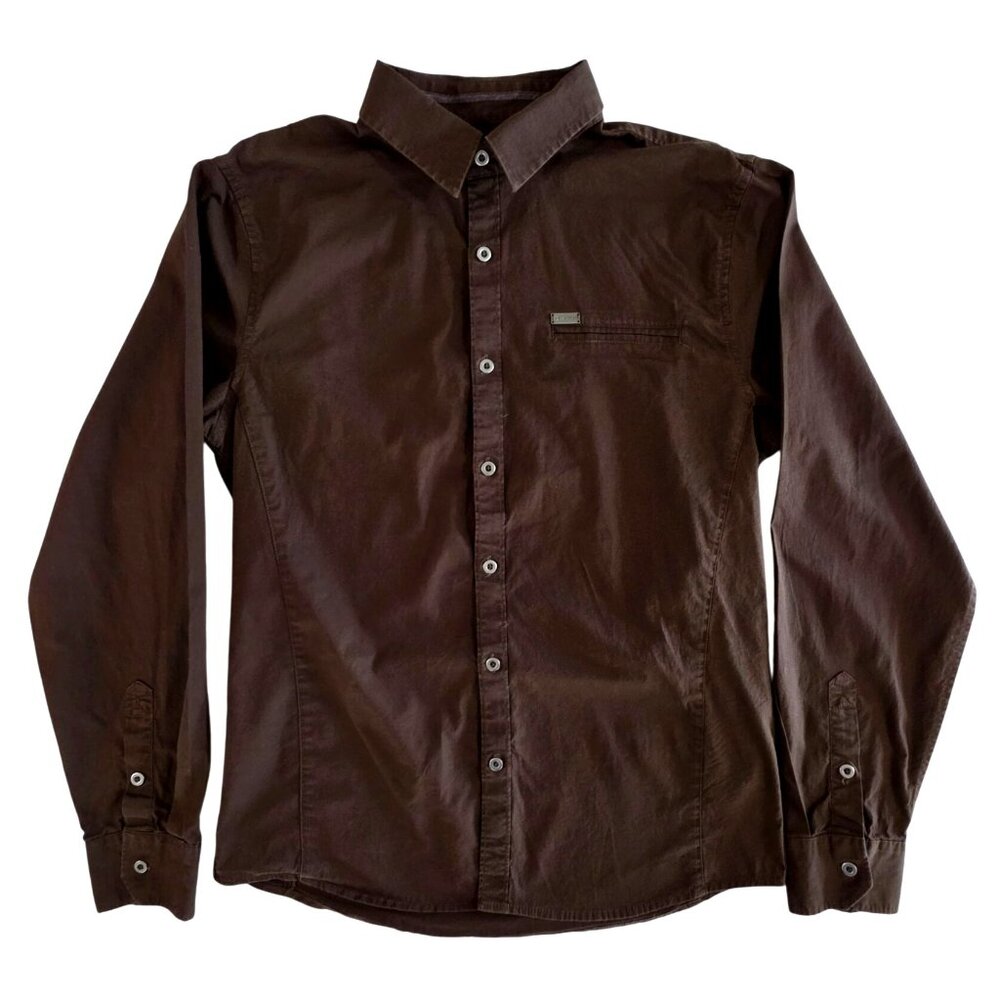 G by Guess Solid Brown Long Sleeve Button Up Dress Shirt Men's Size Large